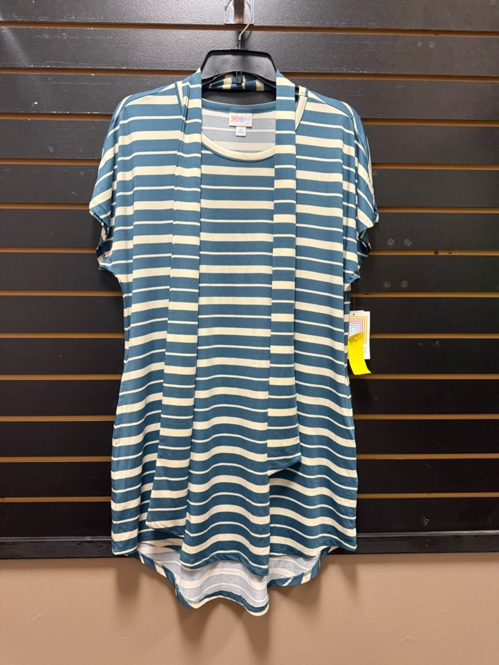 LuLaRoe Mitzi XL Striped Tunic Pockets Sash Blue Cream NWT